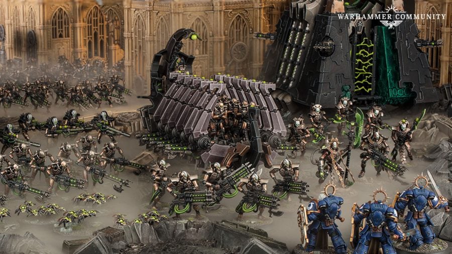 Warhammer 40K necrons 9th edition Warhammer Community photo showing Necron Ghost ark and Monolith models