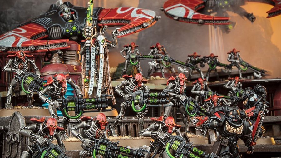 Warhammer 40K necrons 9th edition Warhammer Community photo showing Necrons troops, Plasmancer and Doom Scythe flyers