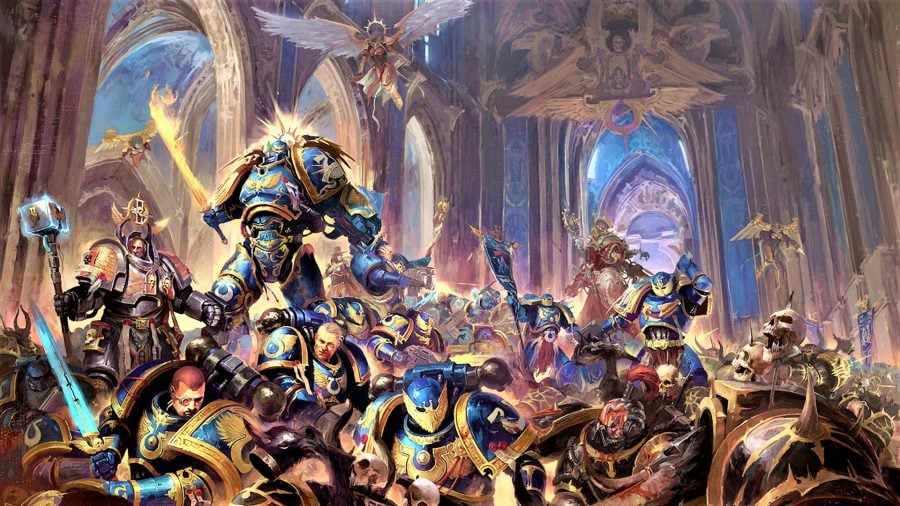 Warhammer 40k Ultramarines guide - Warhammer Community artwork showing Roboute Guilliman leading a group of Ultramarines in battle with Black Legion Chaos Space Marines