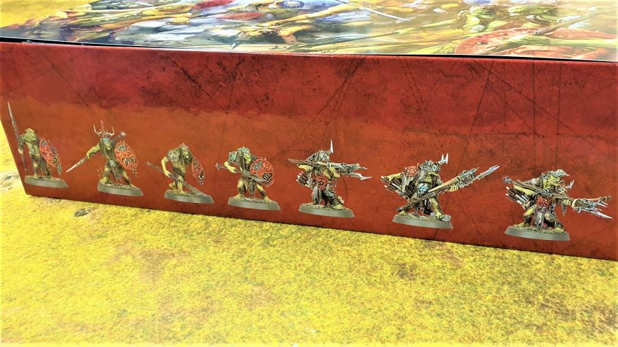 Photo of the box for Age of Sigmar Dominion, showing painted model images for the Kruleboyz