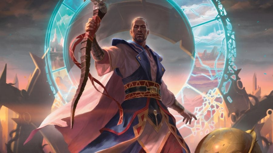 Build a MTG deck Teferi holding a staff surrounded by a magical halo