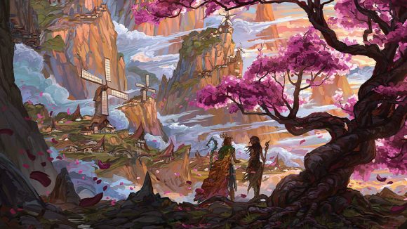 Critical Role Tal'Dorei Elves standing under a blossom tree
