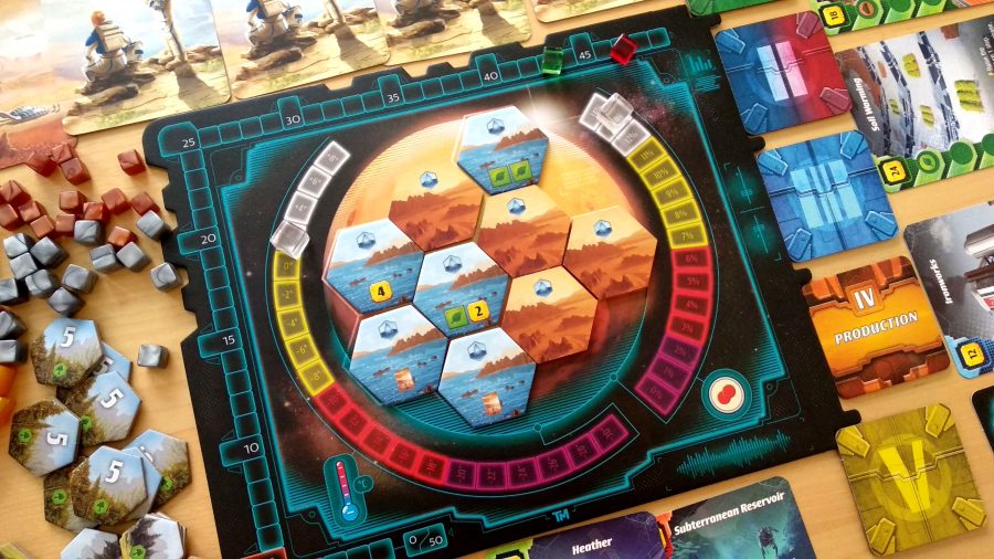 Terraforming Mars: Ares Expedition central board surrounded by cubes and tokens
