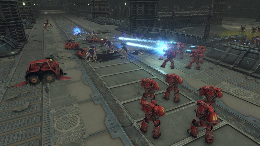 Warhammer 40,000: Battlesector review a squad of Space Marines firing lasers