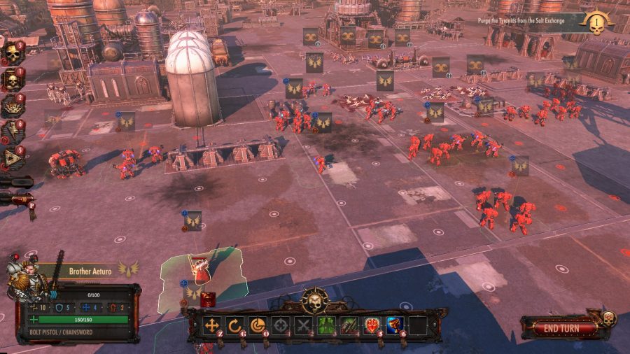 Warhammer 40,000: Battlesector review squads of Space Marines and hero characters dotted around a gridded map