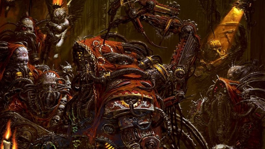 Warhammer 40k Adeptus Mechanicus 9th edition guide warhammer community artwork showing a tech priest and various servitors