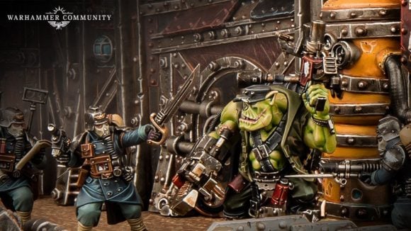 Warhammer 40k Kill Team 2nd edition warhammer community photo showing Death Korps leader and an Ork Kommando