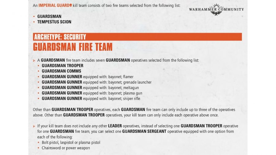 Warhammer 40k Kill Team Octarius 2nd Edition guide warhammer community graphic showing the list building rules for Imperial Guard