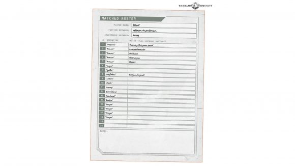 Warhammer 40k Kill Team Octarius 2nd Edition matched play missions and Tac Ops secret objectives Warhammer Community graphic showing the matched play kill team roster sheet