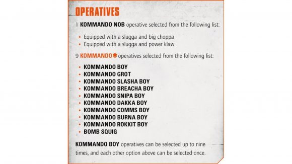 Warhammer 40k: Kill Team Octarius 2nd Edition points news warhammer community graphic showing Ork Kommando list building rules
