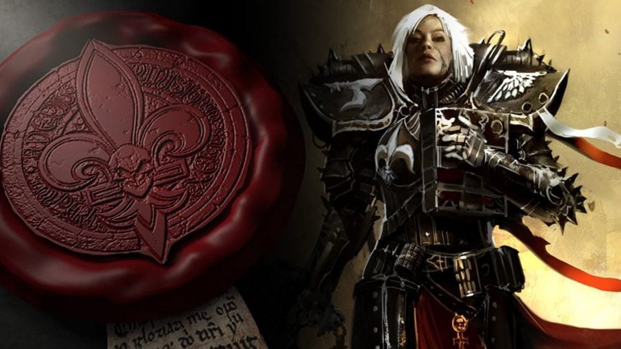 Warhammer 40k Sisters of Battle Adepta Sororitas guide CG artwork showing a Battle Sister and a wax seal
