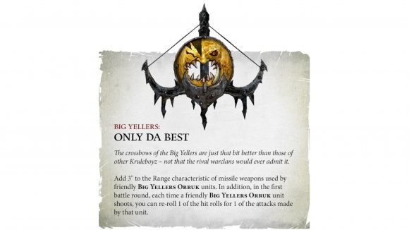 Warhammer Age of Sigmar Kruleboyz Orruk Warclans battletome rules reveal Warhammer Community graphic showing the Big Yellers' Only Da Best ability