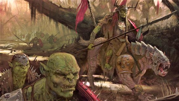 Warhammer Age of Sigmar Kruleboyz Orruk Warclans battletome rules reveal Warhammer Community artwork showing Kruleboyz orruks in a swamp