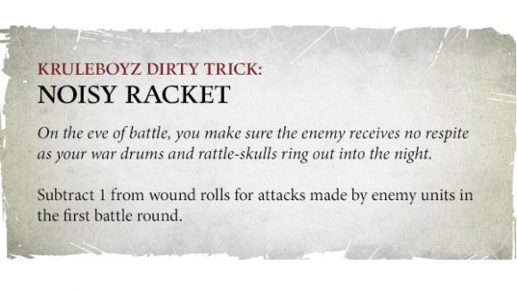 Warhammer Age of Sigmar Kruleboyz Orruk Warclans battletome rules reveal Warhammer Community graphic showing the Noisy Racket dirty trick ability