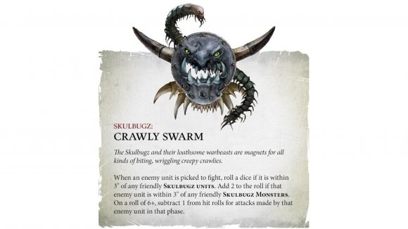 Warhammer Age of Sigmar Kruleboyz Orruk Warclans battletome rules reveal Warhammer Community graphic showing the Skulbugz' Crawly Swarm ability