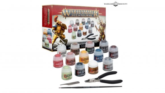 Warhammer Age of Sigmar 3rd edition starter sets paint + tools box showing 13 paints and tools