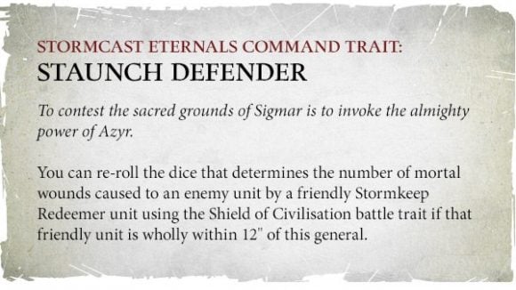 Warhammer Age of Sigmar Stormcast Eternals battletome rules reveal Stormkeep Warhammer Community graphic showing the Staunch Defender command trait