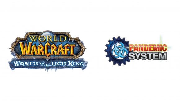 World of Warcraft Pandemic board game pre-order reveal photo showing the WoW and Pandemic Game System logos
