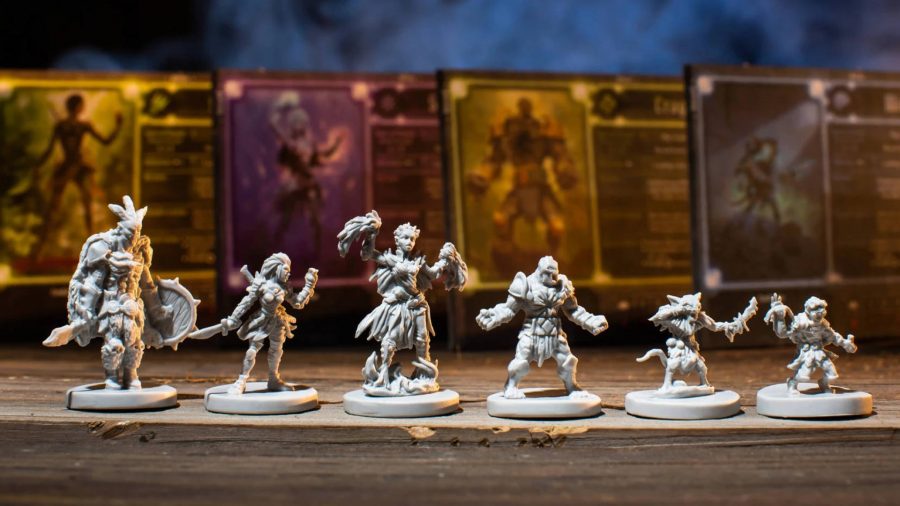 Adventure wargames photo showing Gloomhaven board game's character classes and their miniatures