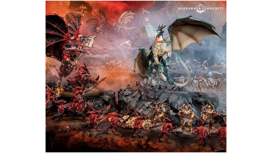 Age of Sigmar Stormcast Eternals Draconith miniatures perched on a rock surrounded by Bloodletters
