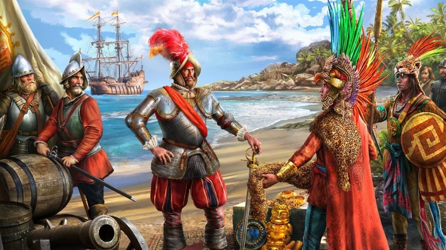 Europa Universalis 5 release date a Conquistadors meeting Aztecs on a beach