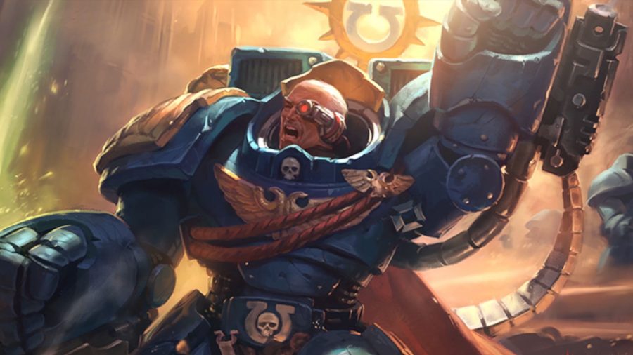 Magic the Gathering Warhammer 40k crossover a Space Marine captain raising his fist while shouting