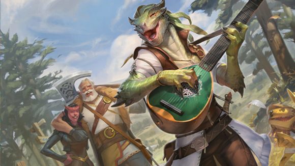 MTG Forgotten Realms DnD dragonborn playing a lute