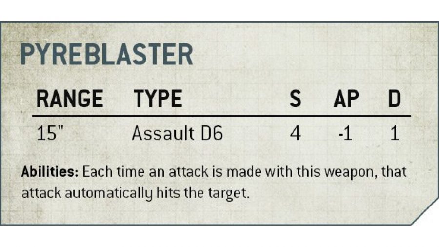 Warhammer 40k Black Templars launch box - Warhammer Community graphic showing the statline for the Pyreblaster weapon - updated to damage 1