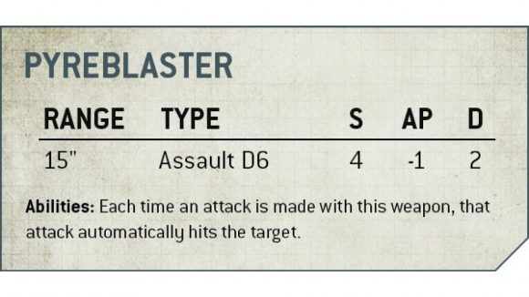 Warhammer 40k Space Marines Black Templars Primaris Initiate Warhammer Community graphic showing the stats for the new Pyreblaster weapon