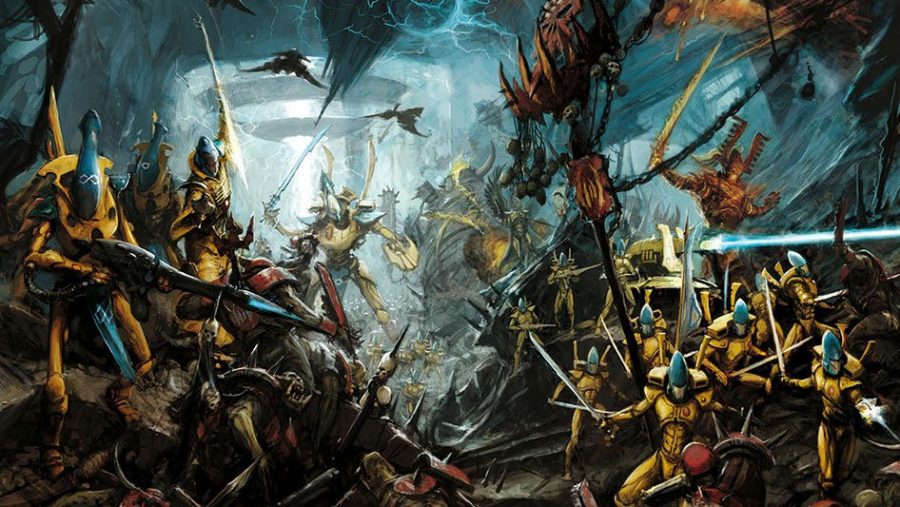 Warhammer 40k Eldar Craftworlds artwork showing Eldar fighting Orks
