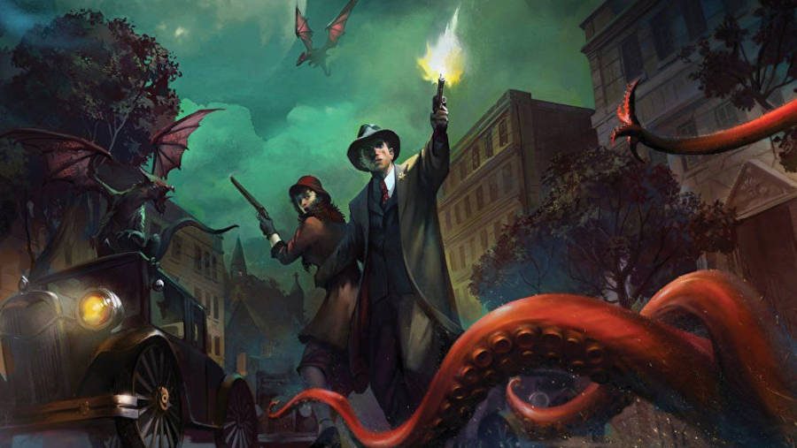 Warhammer 40k tabletop games two investigators from Arkham Horror shooting at monsters