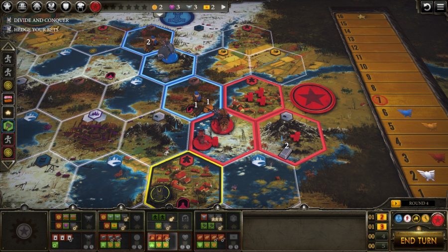 Warhammer 40k tabletop games the digital version of Scythe, showing the board spit into hexes with miniatures placed inthem
