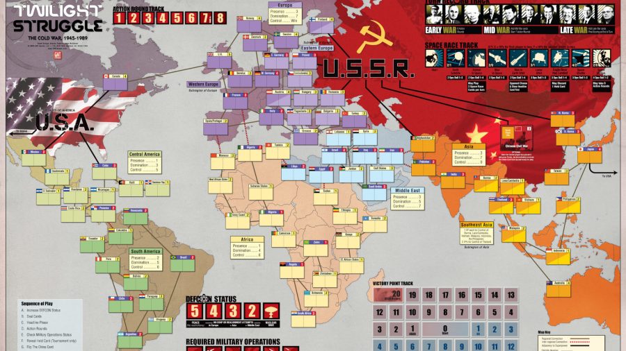 Warhammer 40k tabletop games crossover the board of Twilight Struggle showing the regions of the world during the Cold War