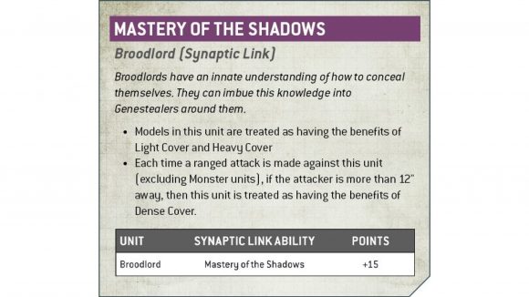 Warhammer 40k Tyranids synapse abilities in War Zone Octarius Warhammer Community graphic showing the Master of the Shadows ability