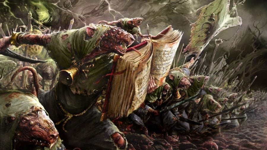 Warhammer Age of Sigmar Skaven faction guide Games Workshop artwork showing Clan Pestilens holding their books