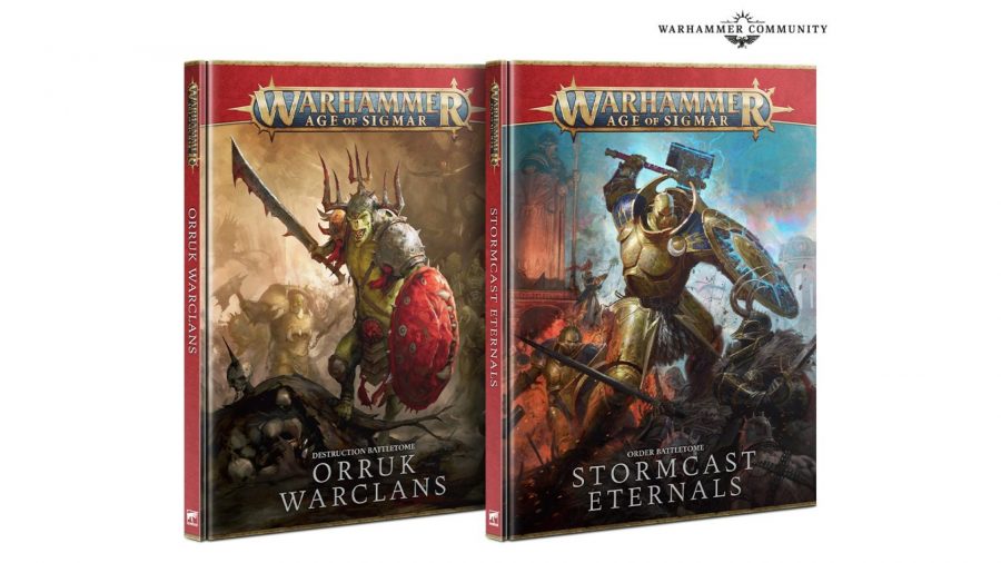 Warhammer Age of Sigmar Stormcast Eternals Lore and Tactics Warhammer Community photo showing front cover artworks for the Stormcast Eternals Battletome and Orruk Warclans Battletome in 3rd Edition