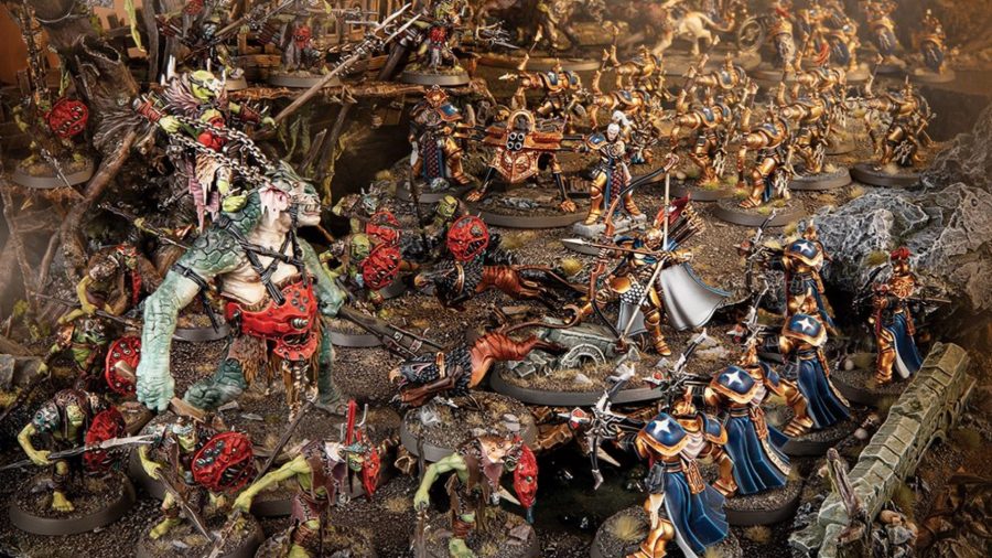 Warhammer Age of Sigmar Stormcast Eternals Lore and Tactics Warhammer Community photo showing Stormcast Eternals models fighting a Kruleboyz army