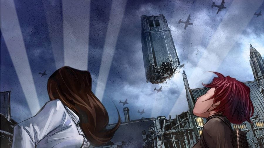 Carbon Grey tabletop RPG graphic novel two women a gazing at a church spire hovering in the air