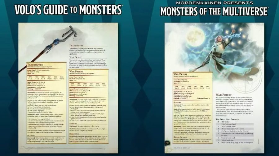 D&D Monsters of the Multiverse book release date - Wizards of the coast livestream screenshot comparing NPC stat blocks from Monsters of the Multiverse to those from Volo's Guide to Monsters.
