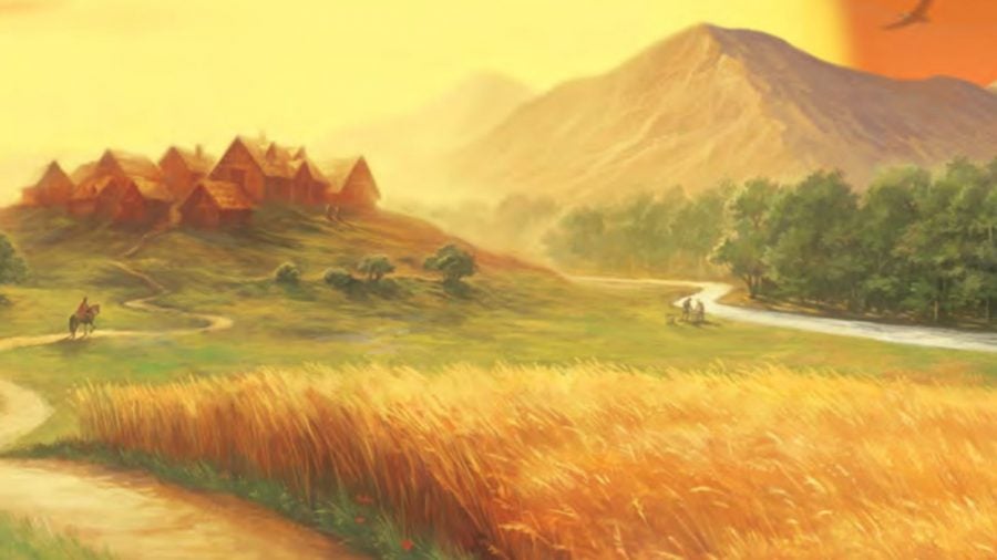 How to play Catan - Official box art image for Catan, zoomed in to show the settlement and landscape closer