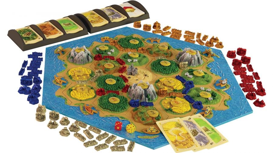 How to play Catan - Official Catan 3D edition marketing photo showing the Catan 3D edition board game fully set up with board, cards, and pieces