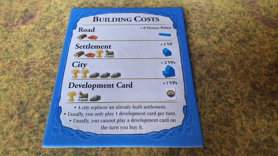 How to play Catan - Wargamer photo of Catan standard edition board game components, showing the blue player's construction costs reminder board