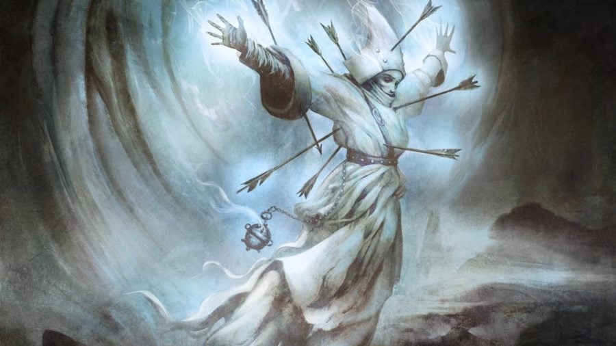 Magic: The Gathering Innistrad Crimson Vow release date - Innistrad Midnight Hunt card artwork showing a spirit cathar covered in arrows