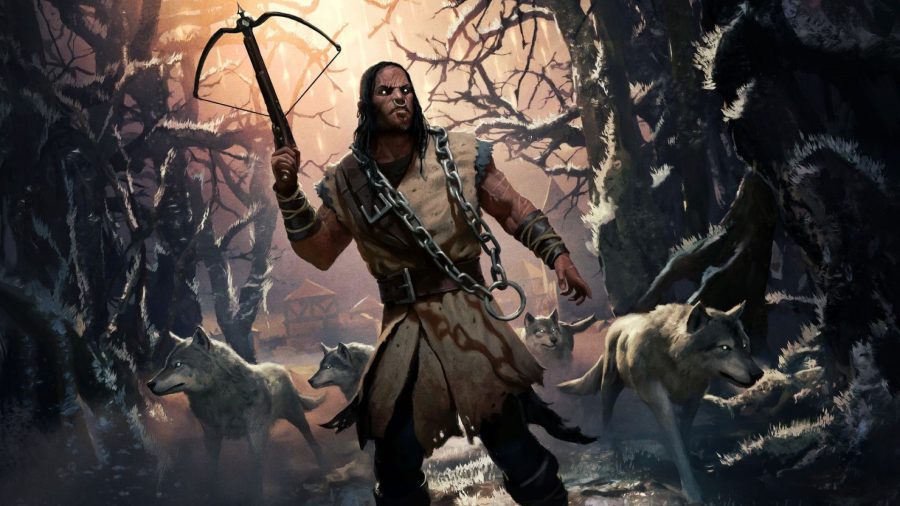 Magic: The Gathering Innistrad Crimson Vow release date - Innistrad Midnight Hunt card artwork showing a werewolf in human form, wielding a crossbow, and flanked by wolves