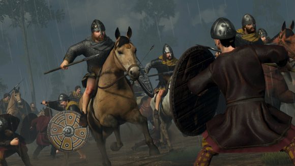 Total War: ROME: Board Game a Saxon cavalry soldier holding a sword charging into battle