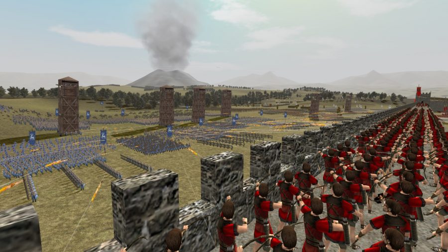 Total War: ROME: The Board Game release date - Rome Total War screenshot showing Roman Archers firing over a settlement wall