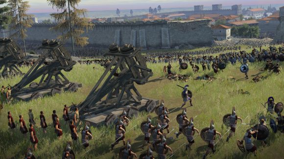 Total War: Rome: The Board Game solo mode a catapult surrounded by charging men