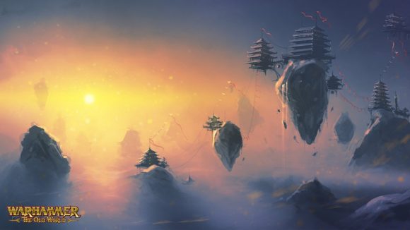 Total War Warhammer 3 Grand Cathay faction has full tabletop rules - Warhammer Community concept artwork showing cities in the sky and sunset