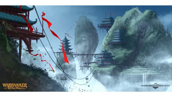 Total War Warhammer 3 Grand Cathay faction has full tabletop rules - Warhammer Community concept artwork showing cities in the sky and flapping red flags