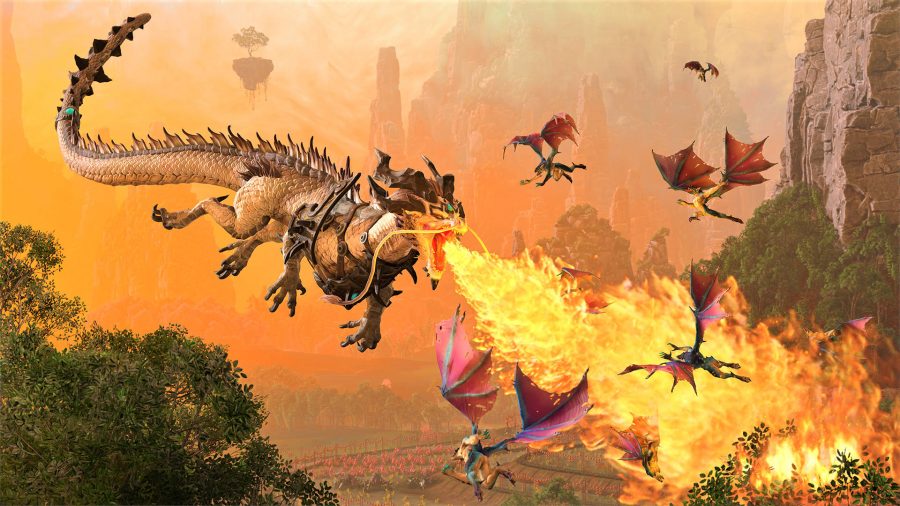 Total War: Warhammer 3 release date a Cathay dragon flying through the air